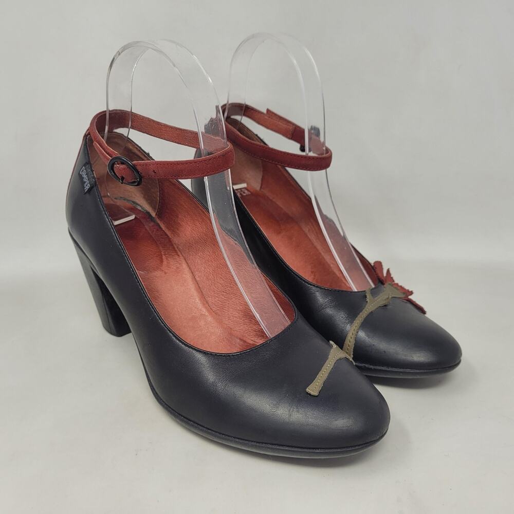 Camper Heels EU37 US7 Black Red Leather Ankle Strap Mary Jane Pumps Chunky
